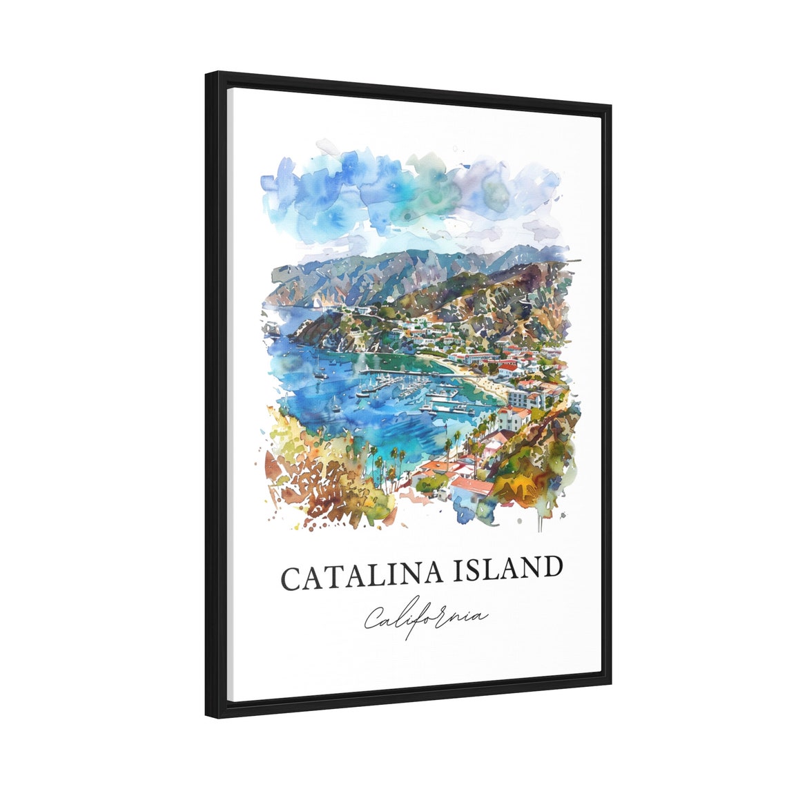 Catalina Island California Watercolor Harbor Aerial Scene Art Poster - Image 2