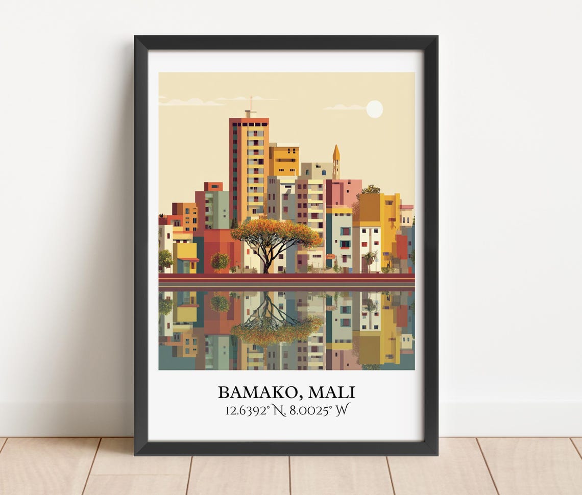 Bamako Mali Riverside Skyline Warm Sunset Retro Travel Poster - Image 3