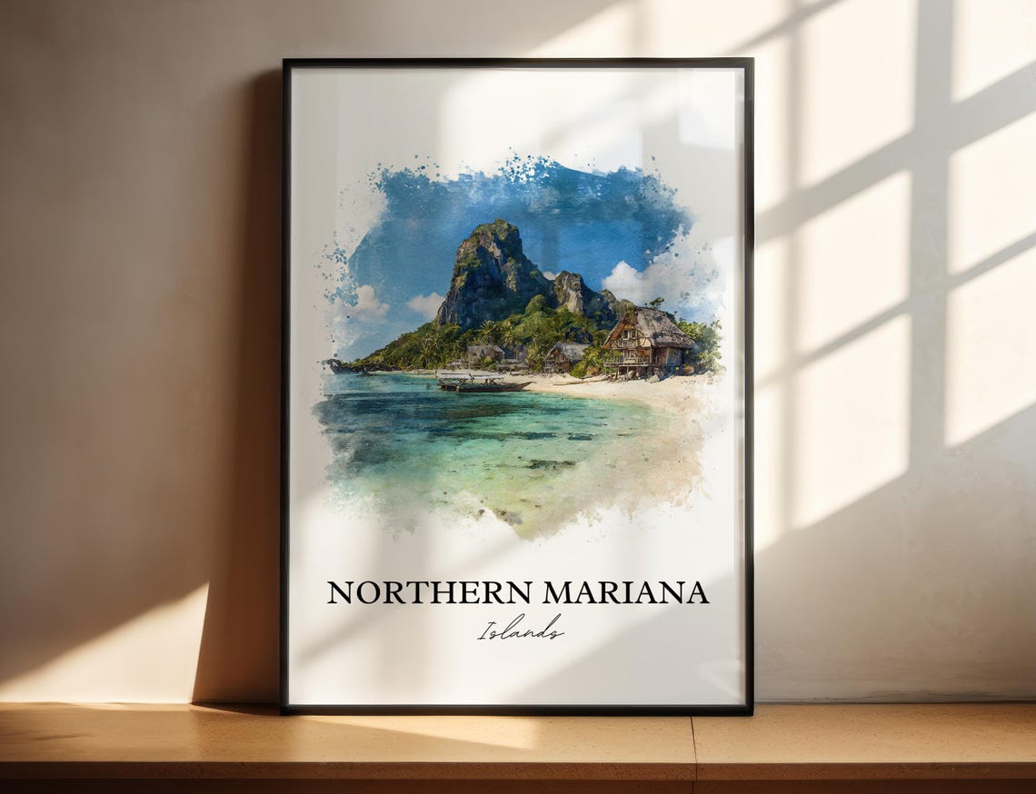 Northern Mariana Islands Tropical Beach Mountain Watercolor Poster