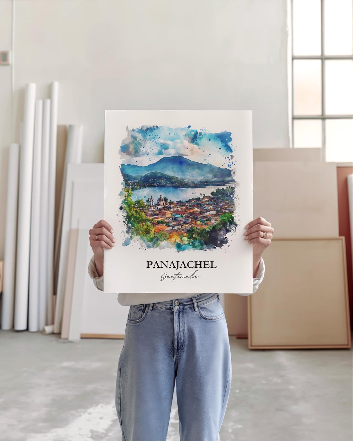 Panajachel Guatemala Lake Atitlan Volcano Town Watercolor Poster - Image 3