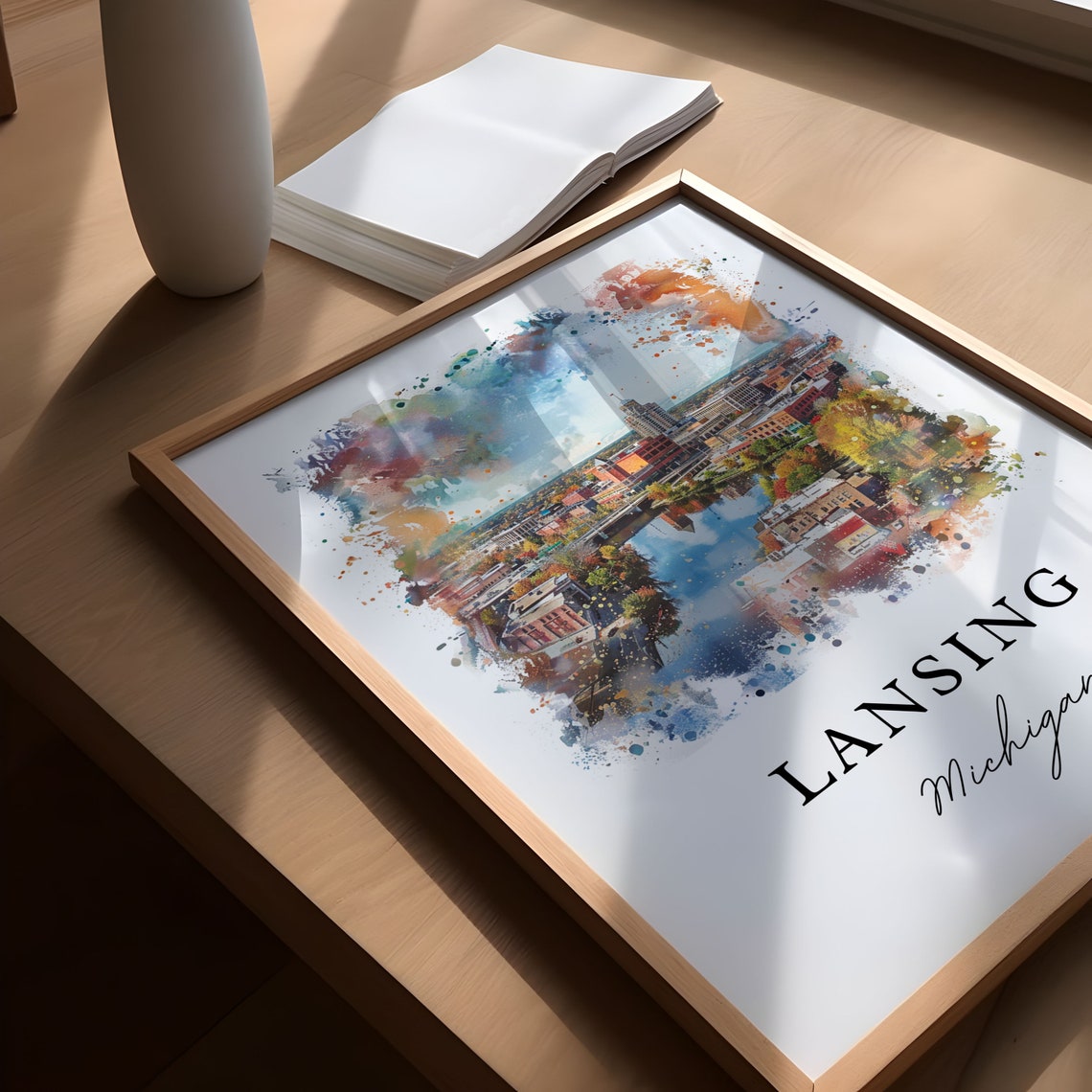Lansing Michigan Watercolor Downtown River Autumn Scene Poster - Image 5