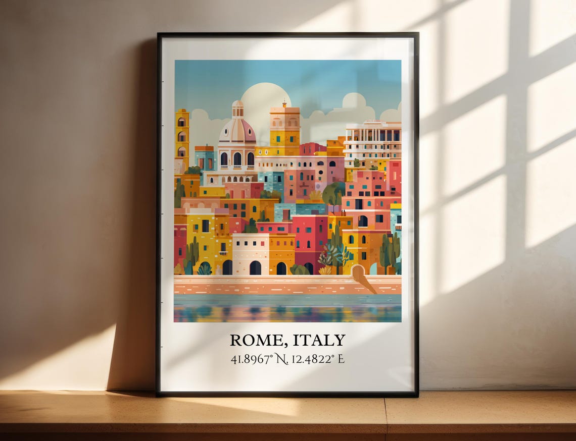 Rome Italy Colorful Old Town Dome Riverbank Retro Travel Art Poster