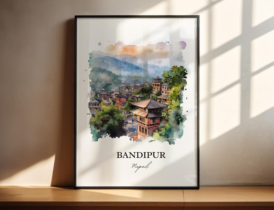 Bandipur Nepal Watercolor Charming Hill Town Pagoda Travel Poster