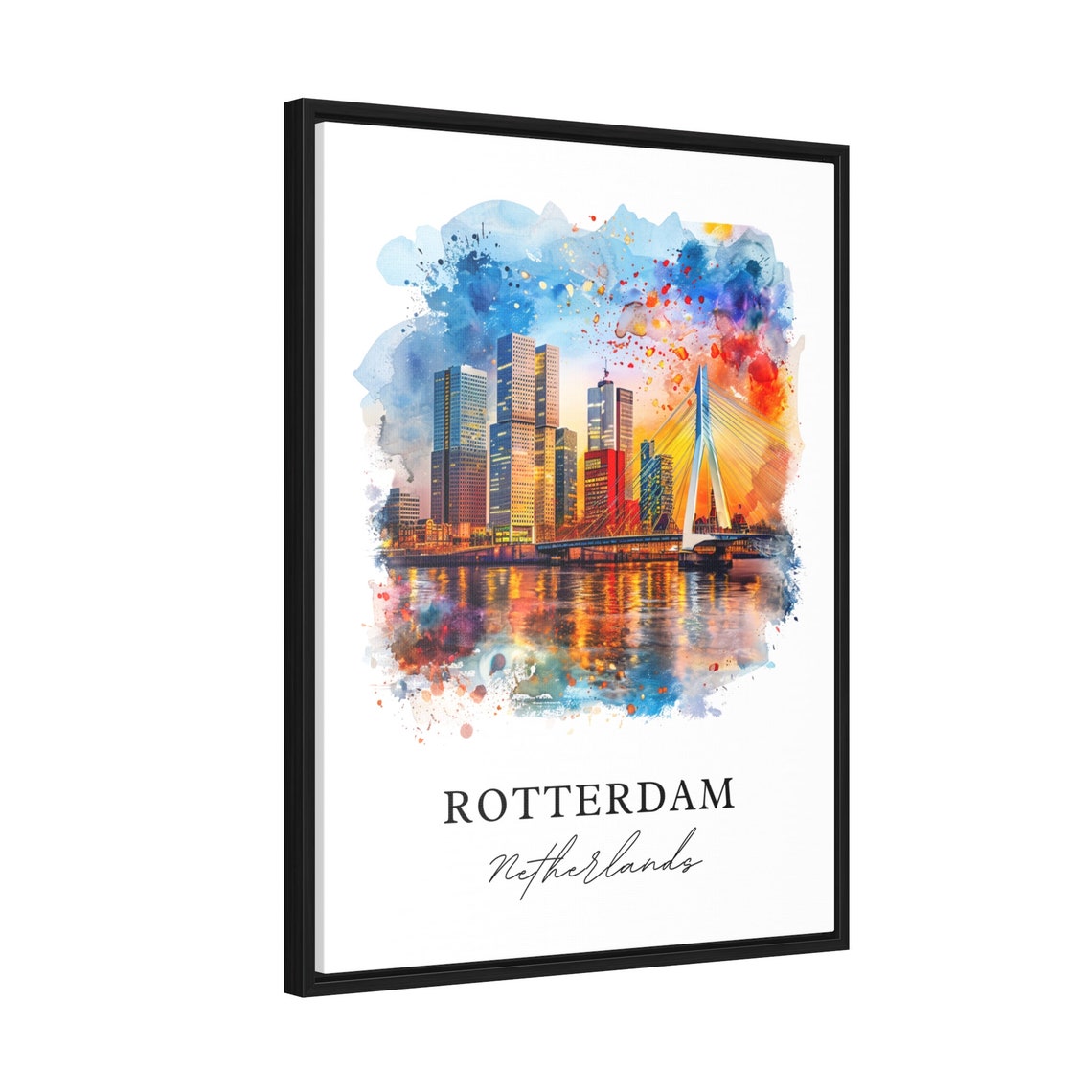Rotterdam Netherlands Erasmus Bridge Skyline Watercolor Poster - Image 2