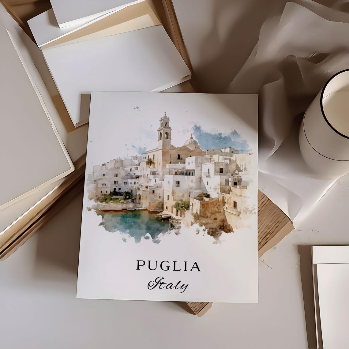 Puglia Italy Whitewashed Hilltop Old Town Coast Watercolor Poster - Image 6