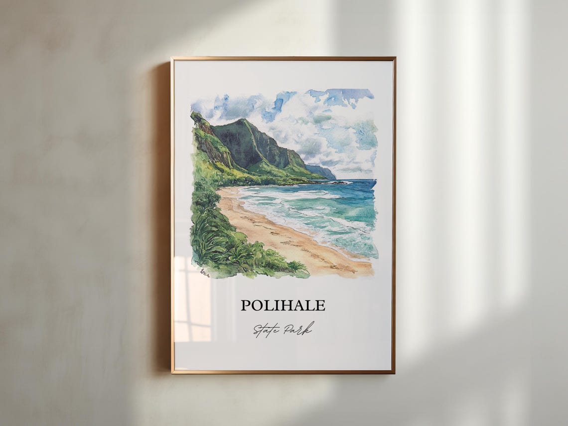 Polihale State Park Kauai Beach Green Cliffs Watercolor Travel Poster - Image 2