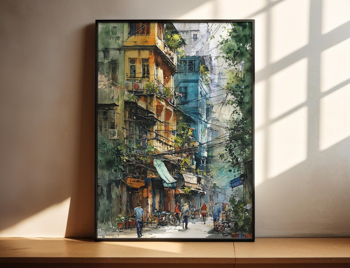 Hanoi Vietnam Watercolor Travel Poster, Asia Decor
