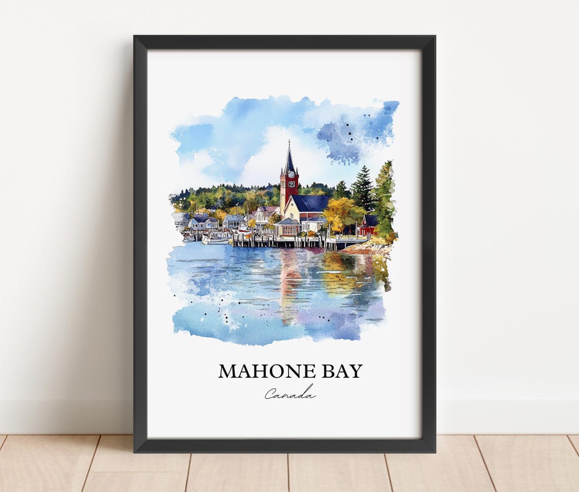 Mahone Bay Nova Scotia Harbor Church Steeple Watercolor Poster - Image 4