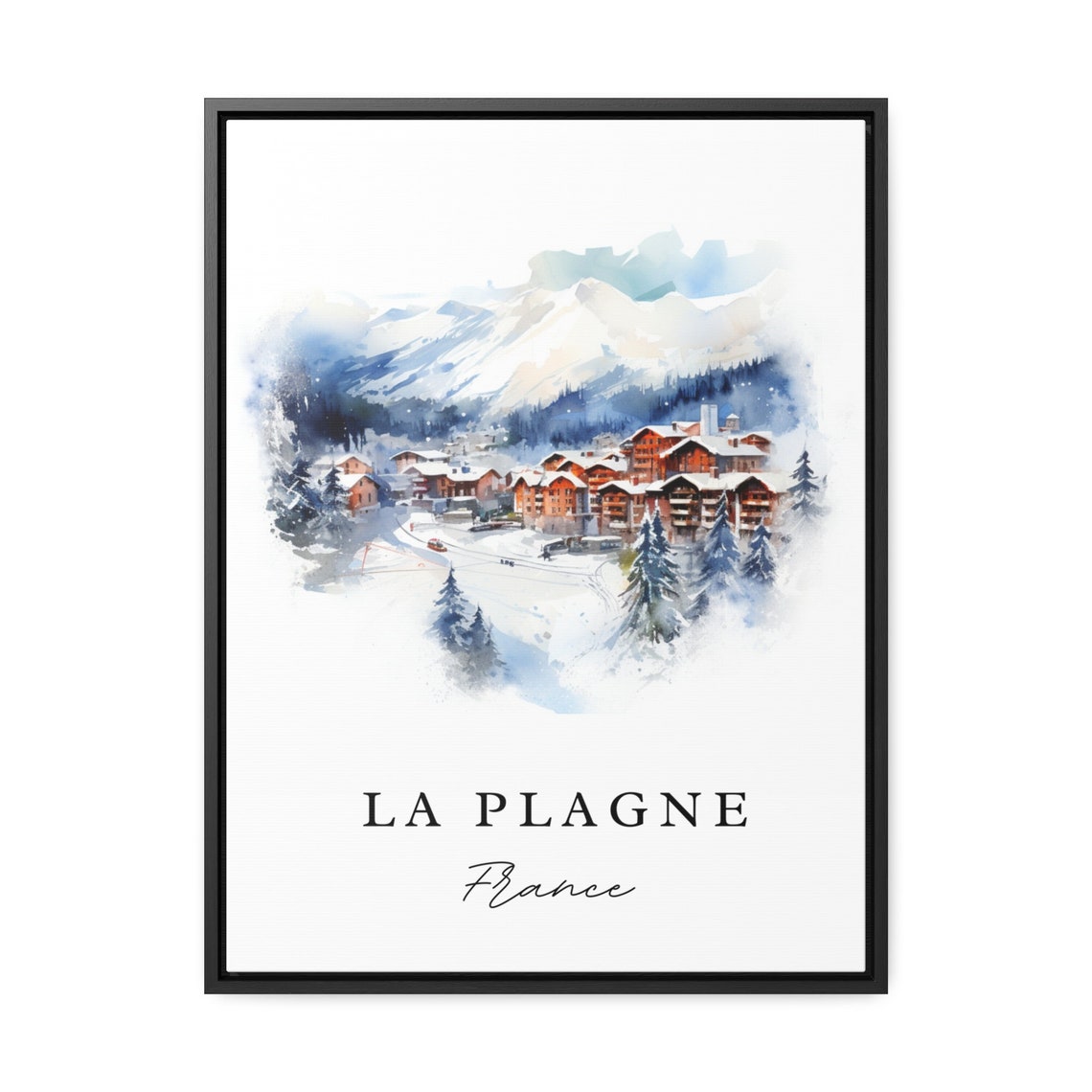 La Plagne France Alpine Ski Resort Chalets Watercolor Travel Poster - Image 2