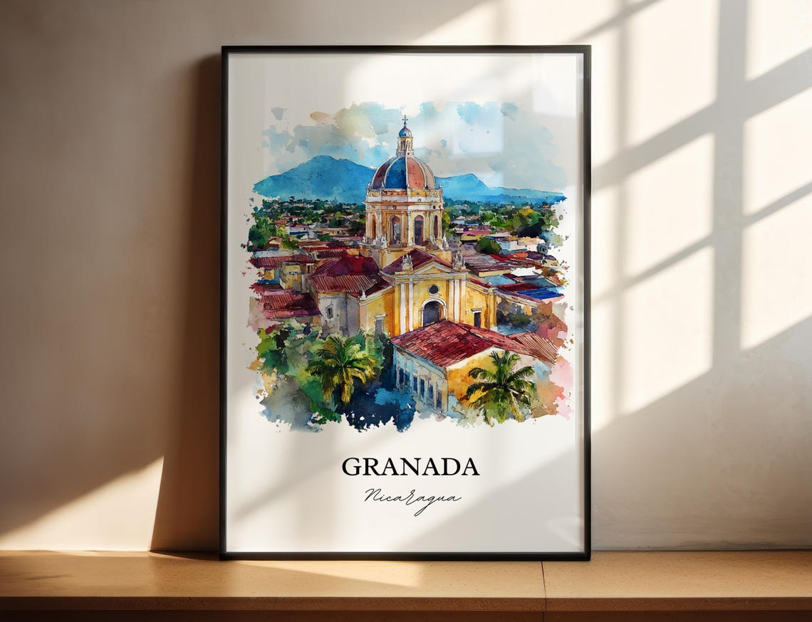 Granada Nicaragua Colonial Cathedral Aerial Watercolor Travel Poster