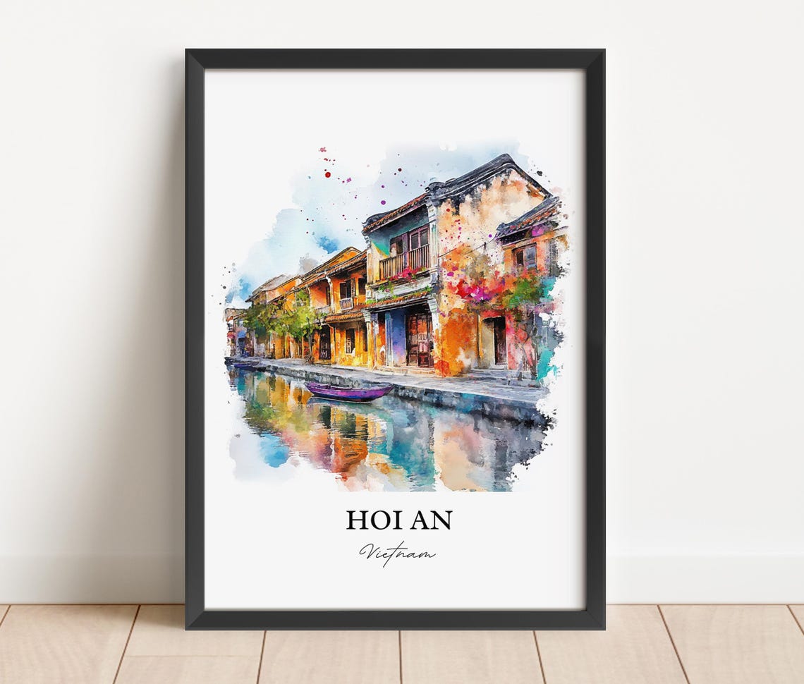 Hoi An Vietnam Watercolor Art Old Town Canal Street Lantern Poster - Image 2