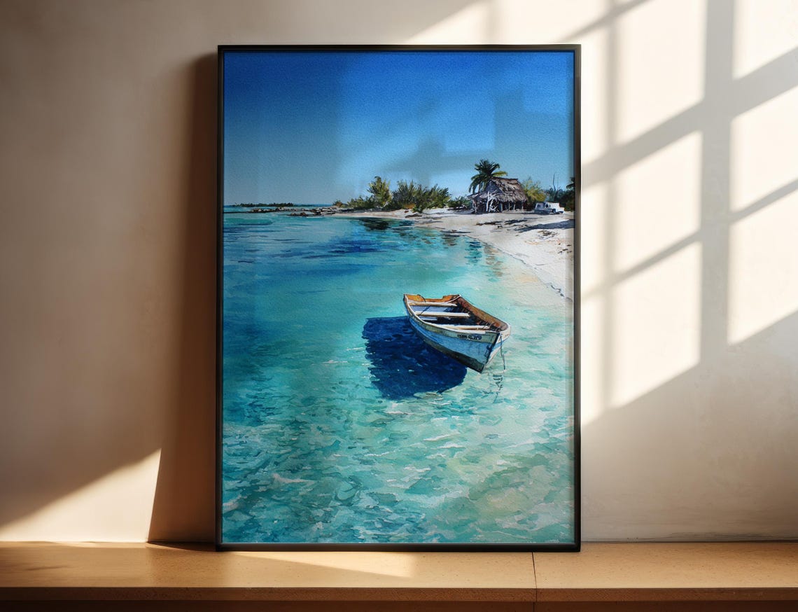Cayo de Agua Venezuela Turquoise Beach With Boat Watercolor Wall Art