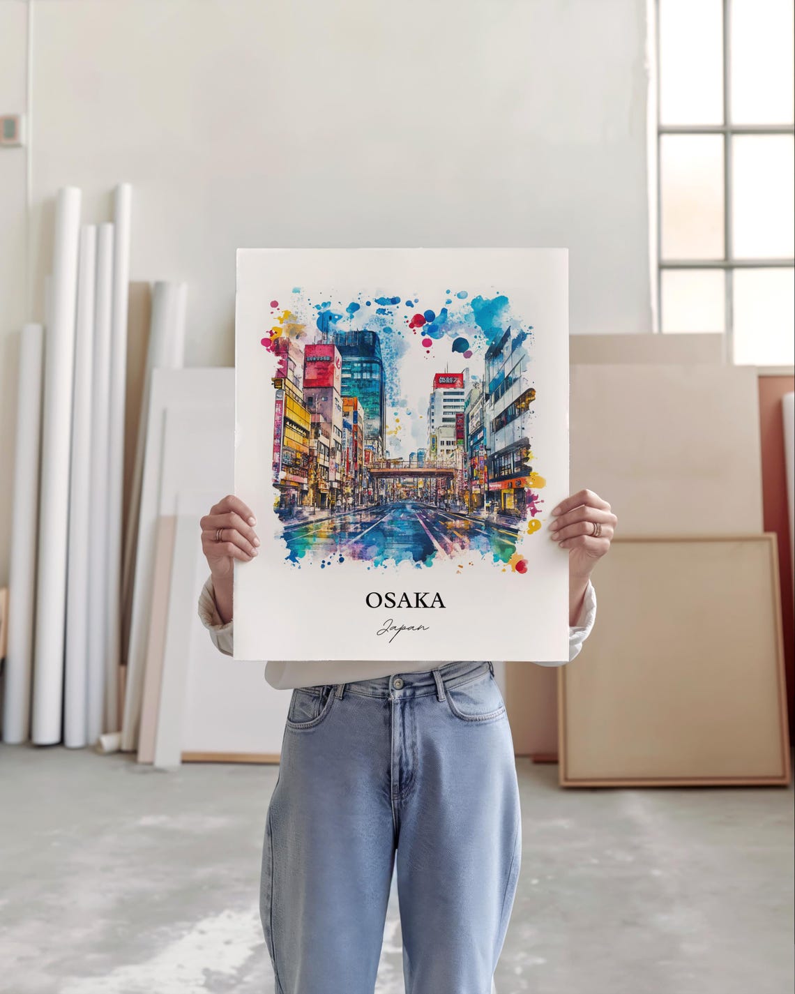 Osaka Japan Watercolor Neon City Street Nightlife Scene Poster - Image 2