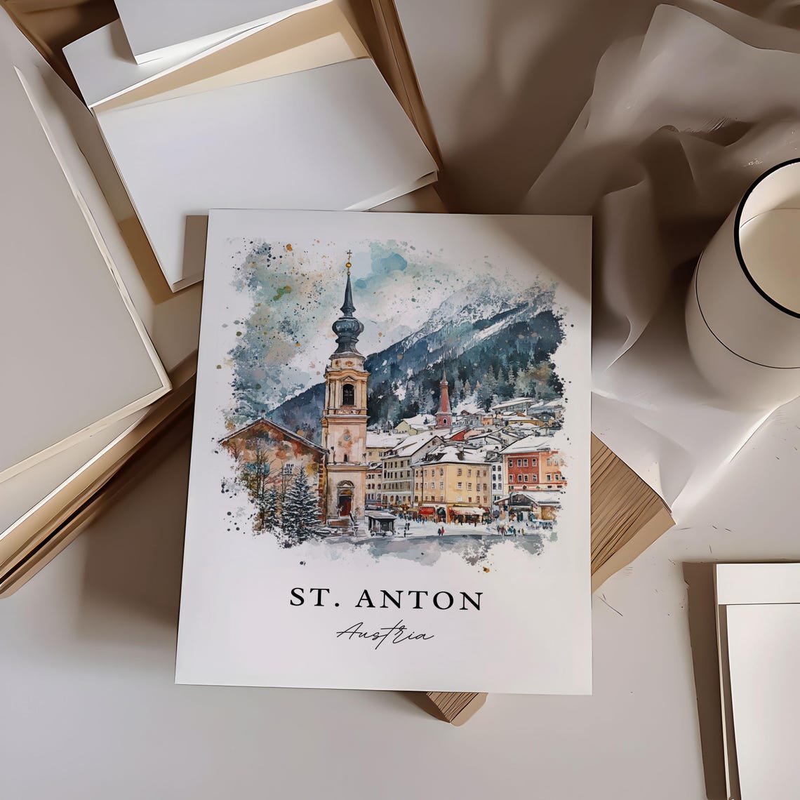 St. Anton Austria Snowy Alpine Village Watercolor Ski Poster - Image 6