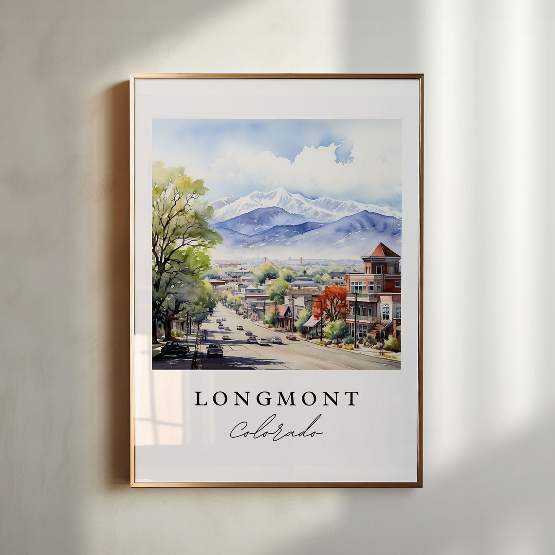 Longmont Colorado Main Street Mountain View Watercolor Travel Poster