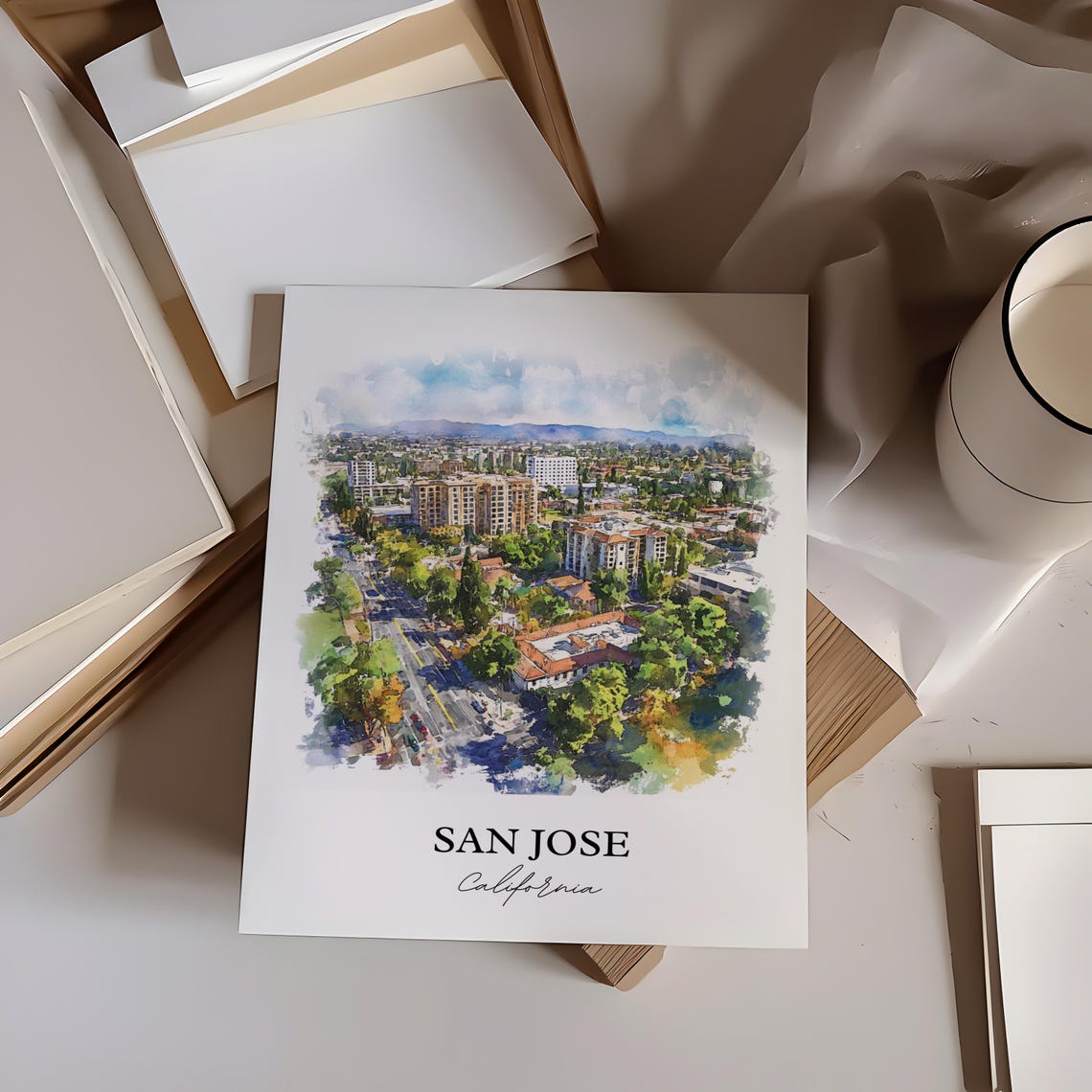 San Jose California Aerial Streetscape Watercolor City Poster - Image 2