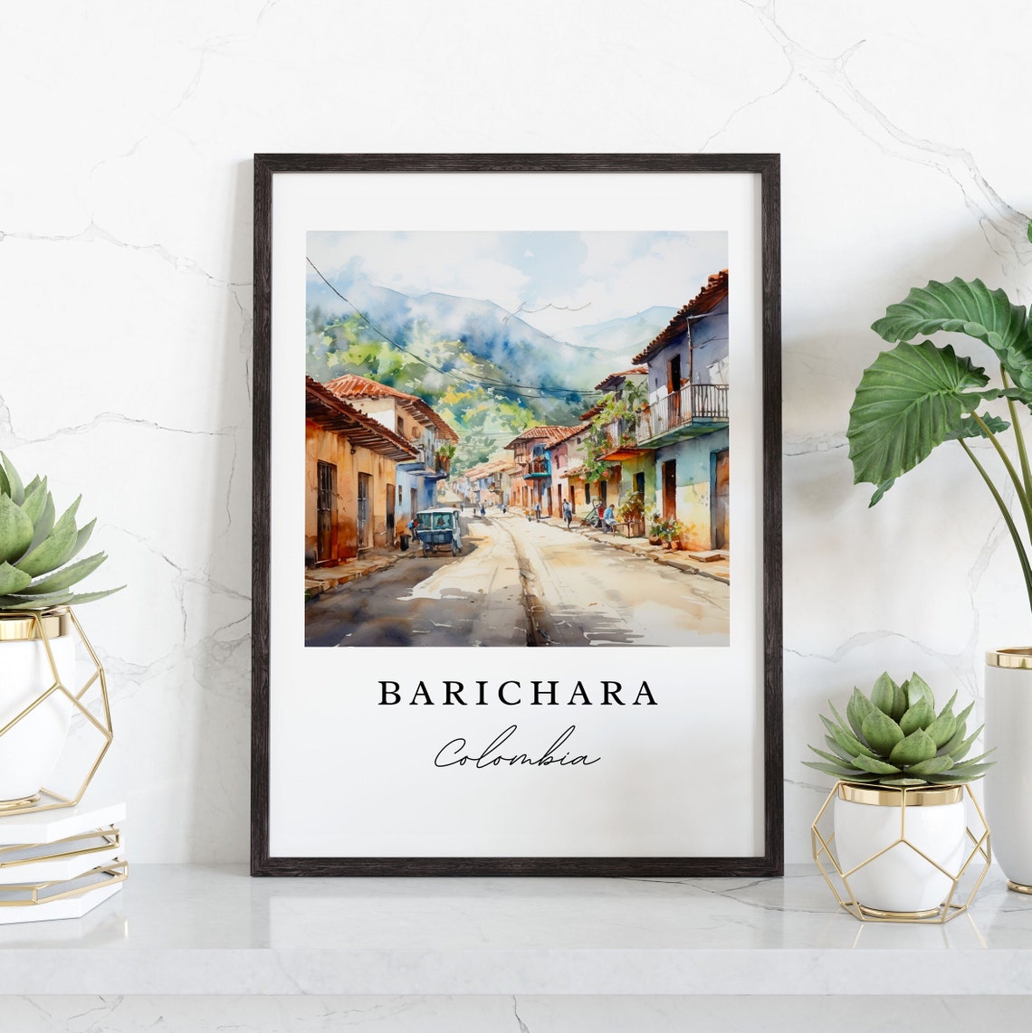Barichara Colombia Colonial Street Mountains Watercolor Poster - Image 3