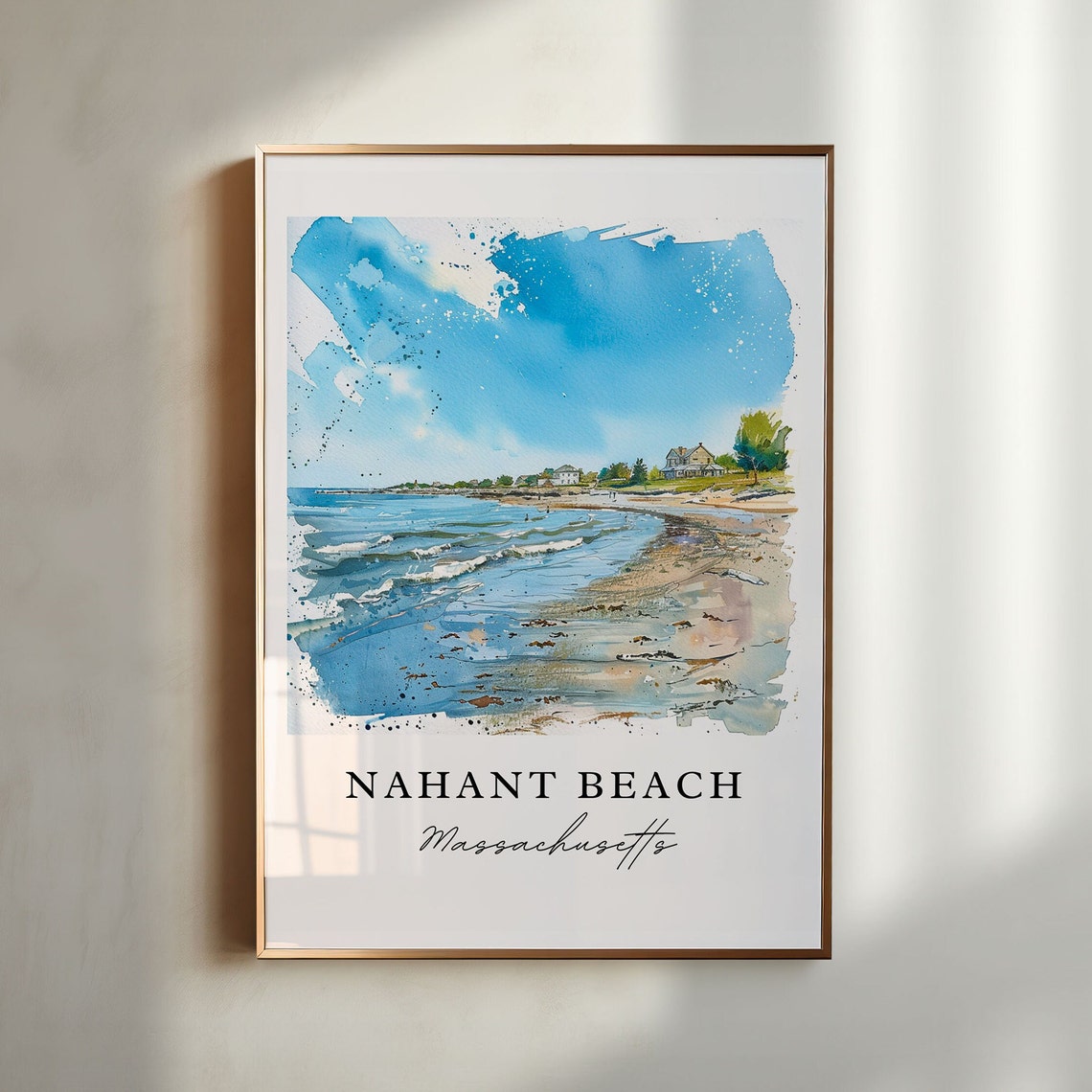 Nahant Beach Massachusetts Watercolor Shore Waves Houses Art Print