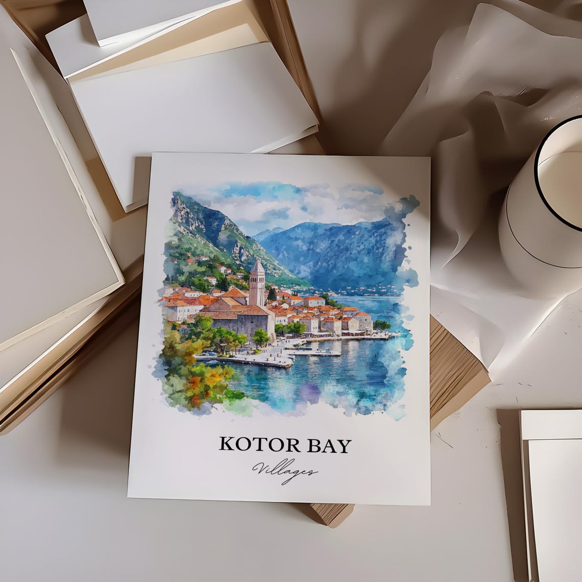 Kotor Bay Villages Watercolor Coastal Town Montenegro Scenic Poster - Image 3