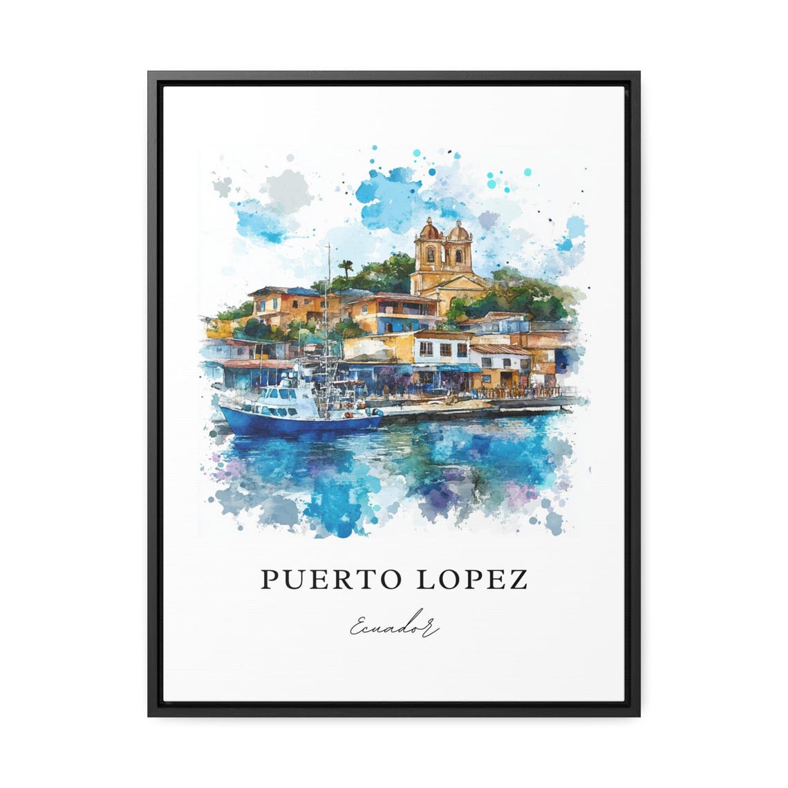 Puerto Lopez Ecuador Watercolor Fishing Harbor Boats Scene Poster - Image 2