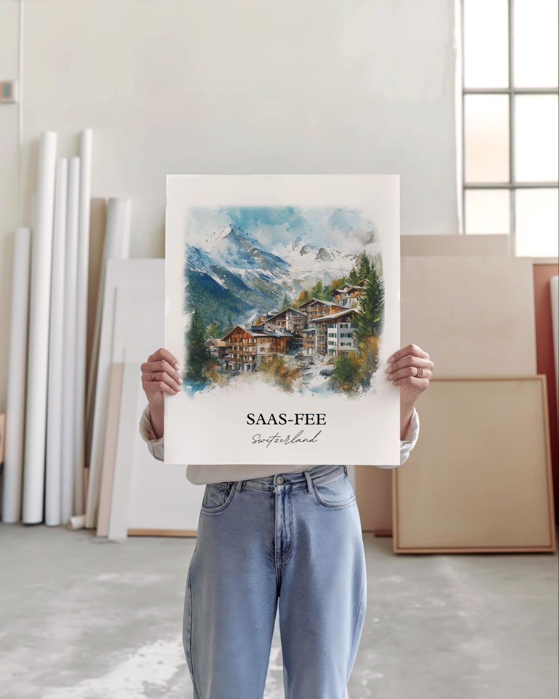 Saas-Fee Switzerland Alpine Village Watercolor Mountain Travel Poster - Image 4