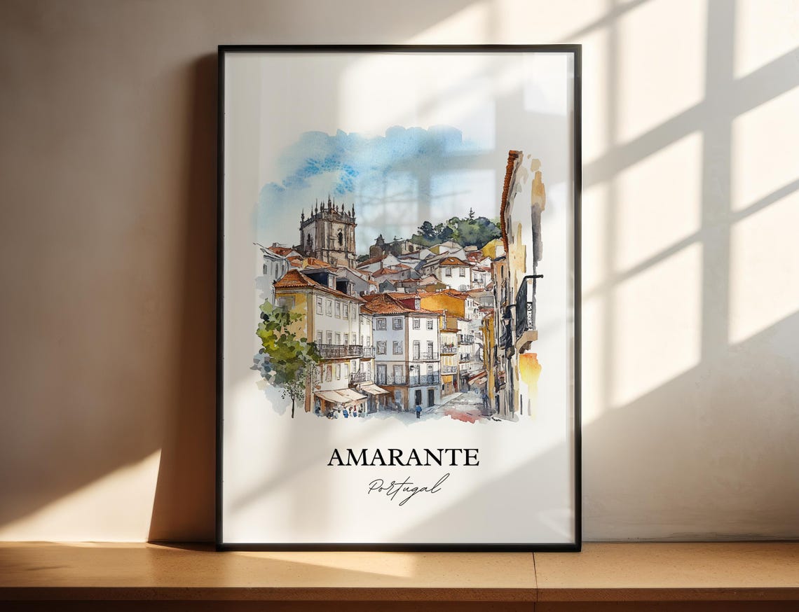 Amarante Portugal Watercolor Hillside Old Town Church Tower Poster