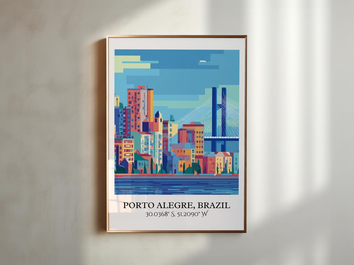 Porto Alegre Brazil Skyline Cable Stayed Bridge Retro Travel Poster - Image 3