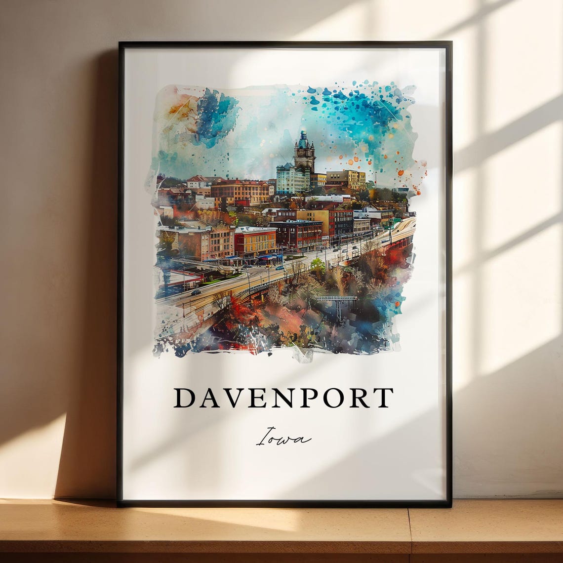 Davenport Iowa Watercolor Downtown Skyline Clock Tower Poster - Image 4