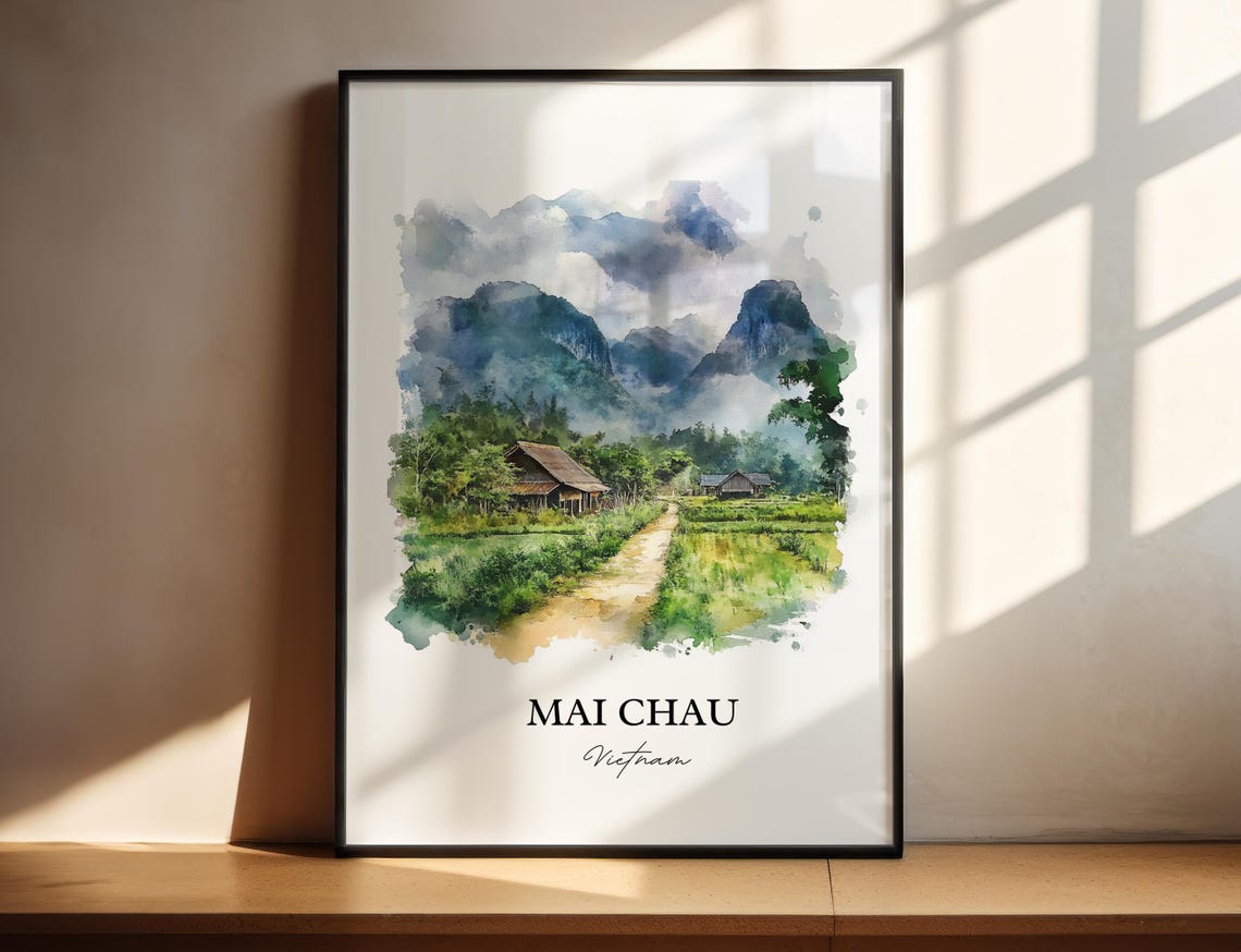 Mai Chau Vietnam Watercolor Art Valley Stilt Houses Fields Poster