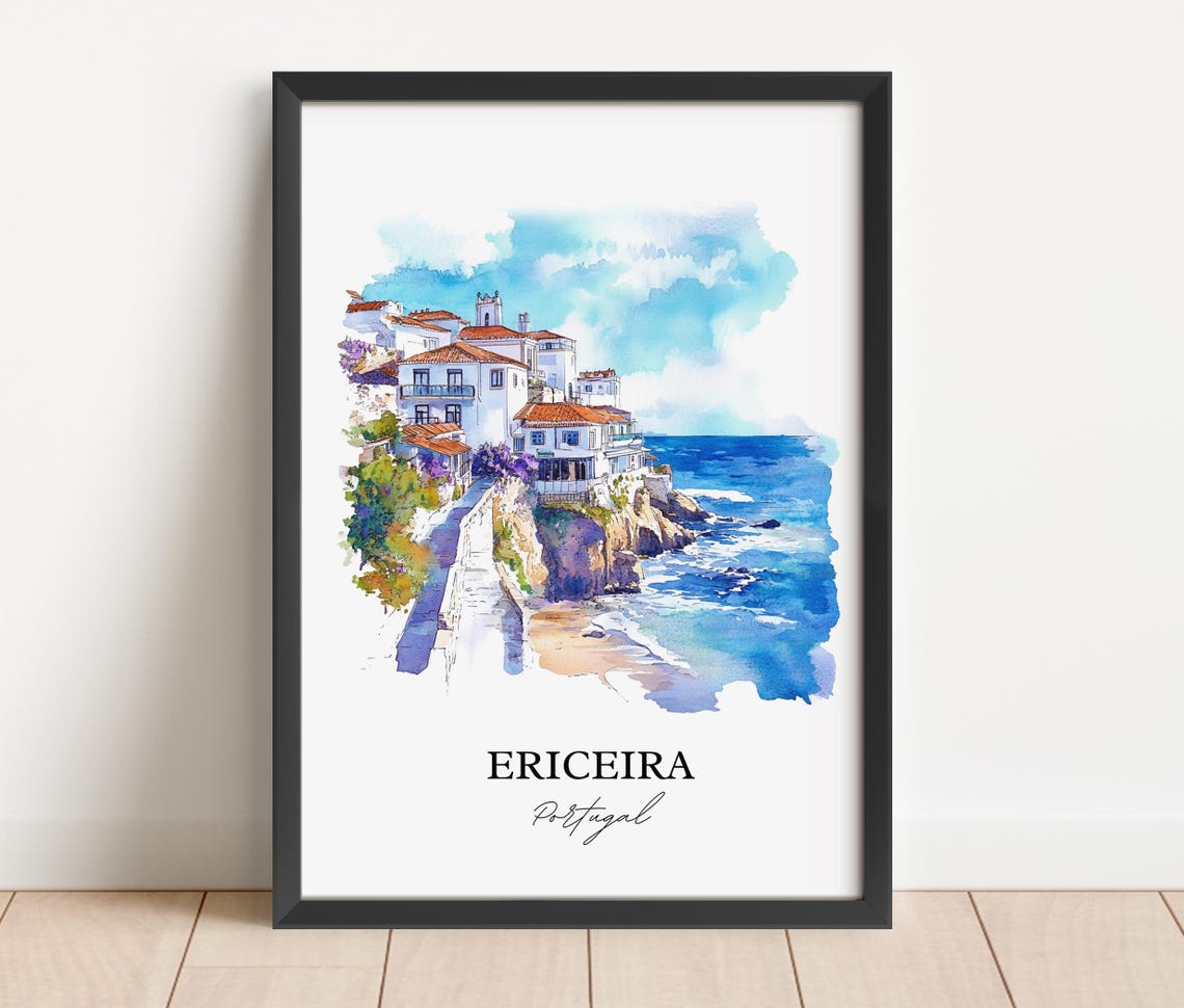 Ericeira Portugal Watercolor Clifftop Fishing Village Seaside Poster - Image 3