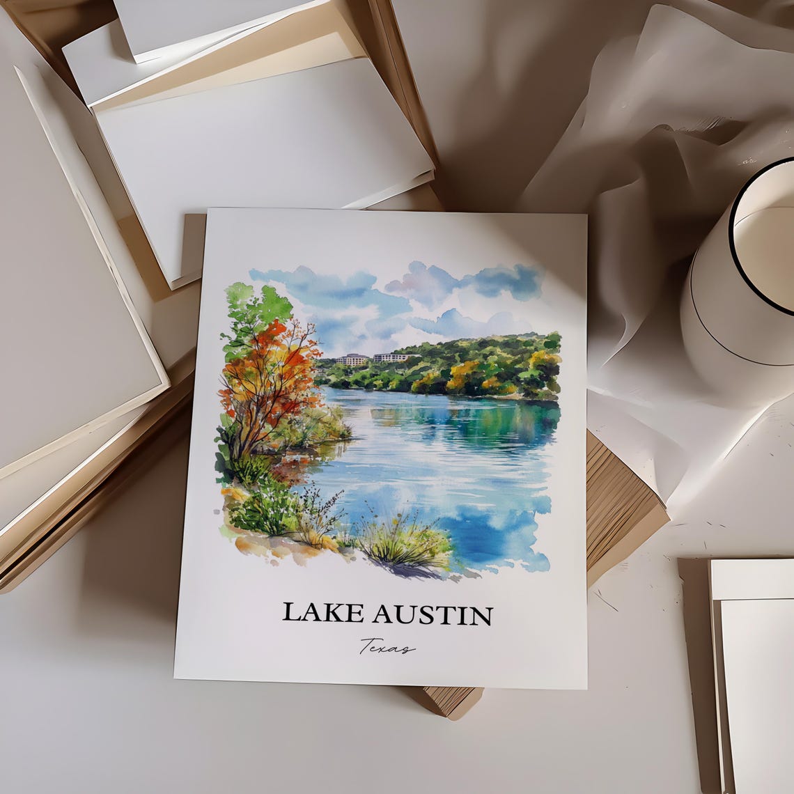 Lake Austin Texas River Autumn Colors Waterfront Watercolor Poster - Image 2