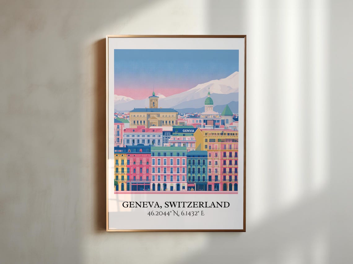 Geneva Switzerland Pastel Old Town Alpine View Travel Poster - Image 2