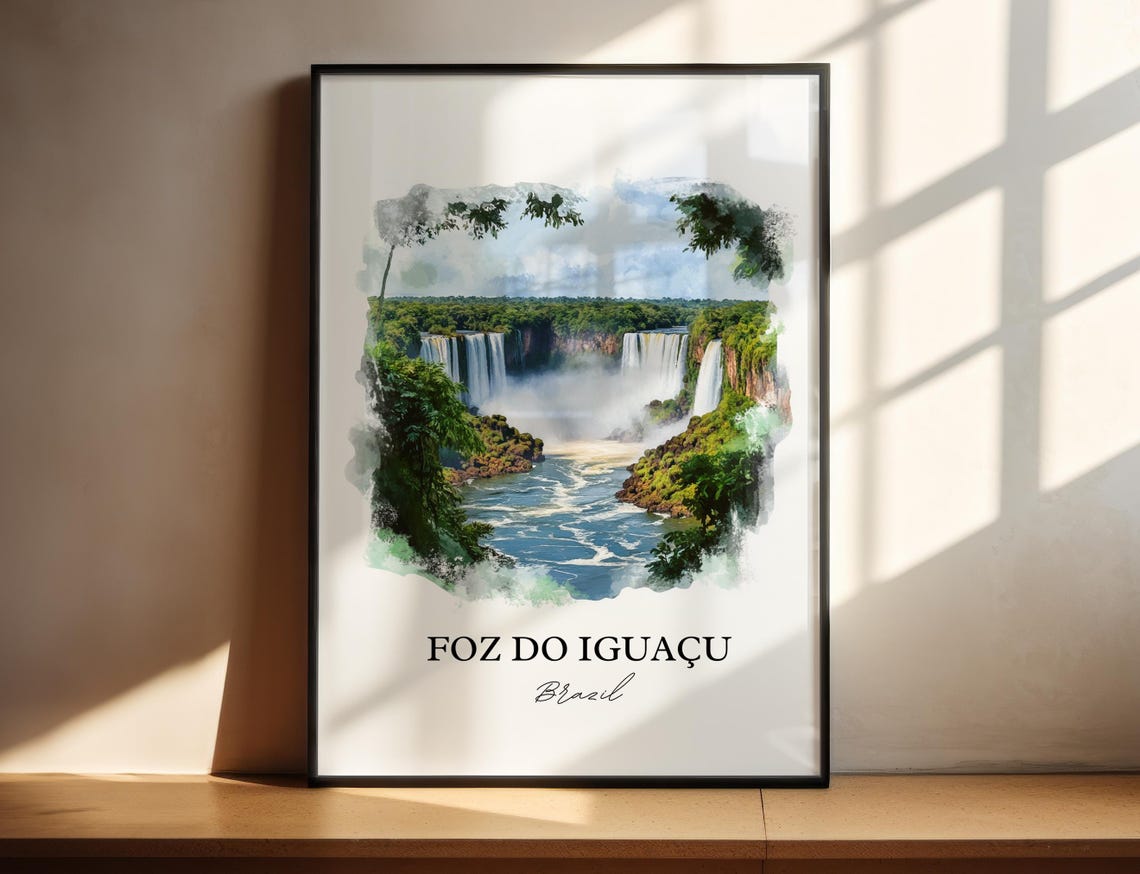 Foz do Iguacu Brazil Waterfall Watercolor Rainforest Scene Poster