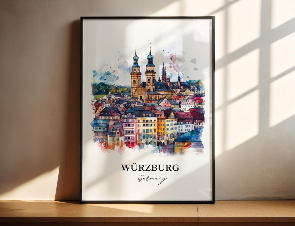 Wurzburg Germany Colorful Cathedral Skyline Watercolor Poster
