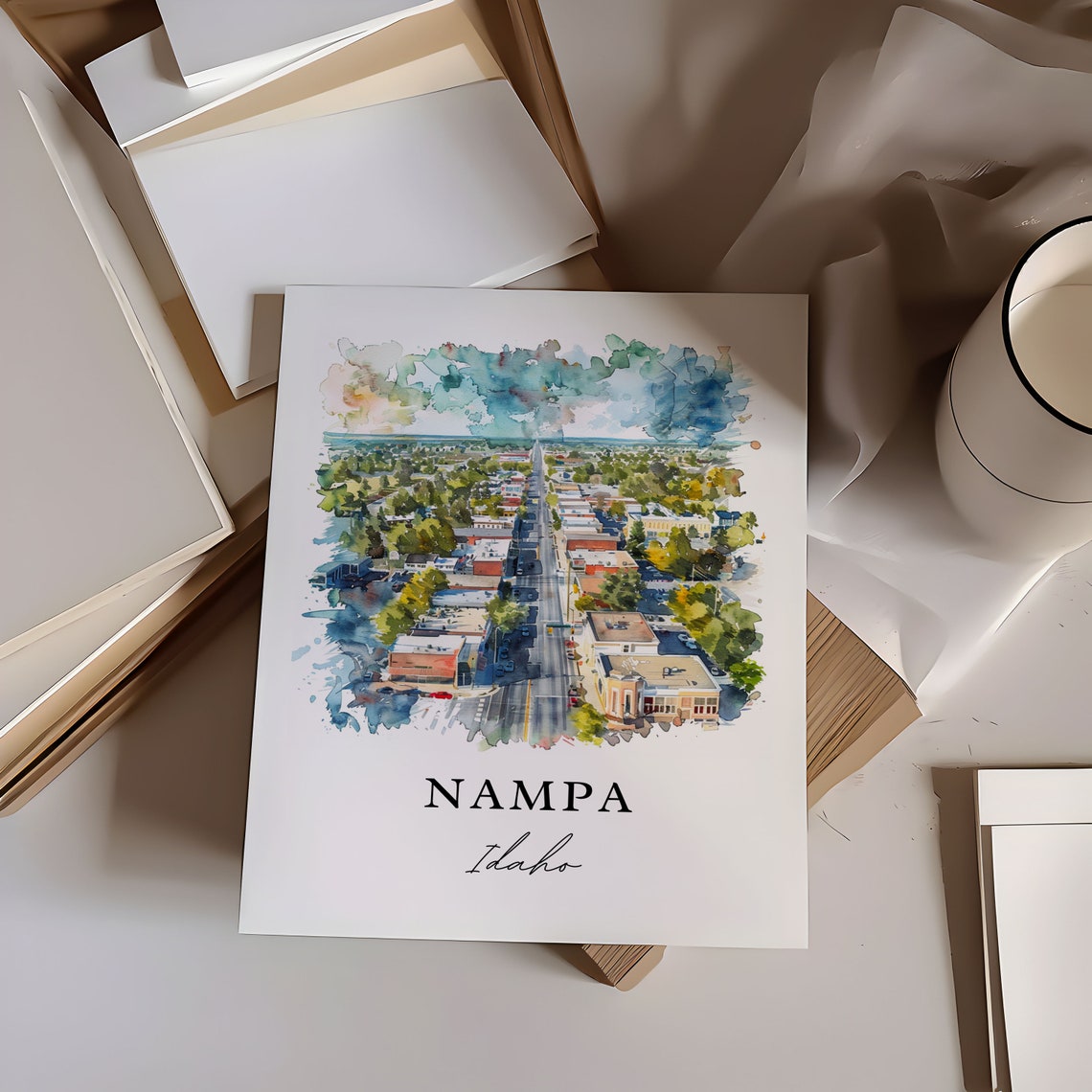 Nampa Idaho Watercolor Downtown Aerial Main Street View Poster - Image 6