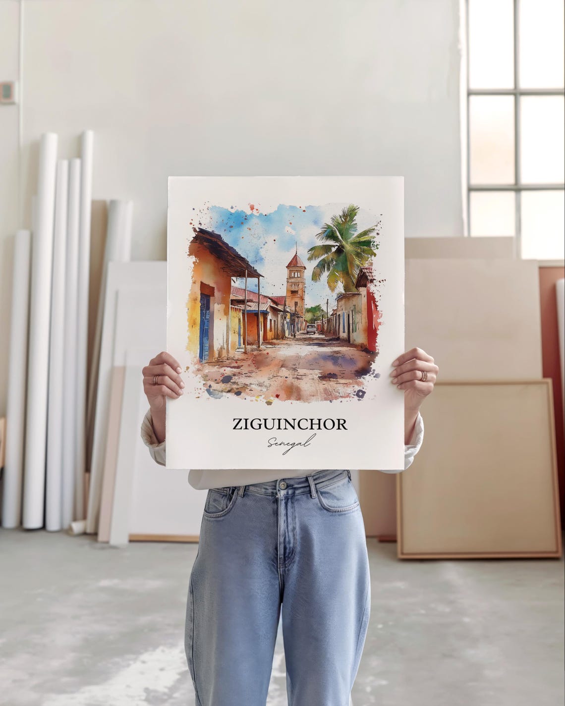 Ziguinchor Senegal Colonial Street Watercolor Travel Art Poster - Image 5