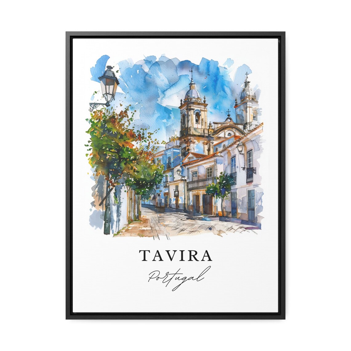 Tavira Portugal Church Towers Street Watercolor Travel Art Poster - Image 3