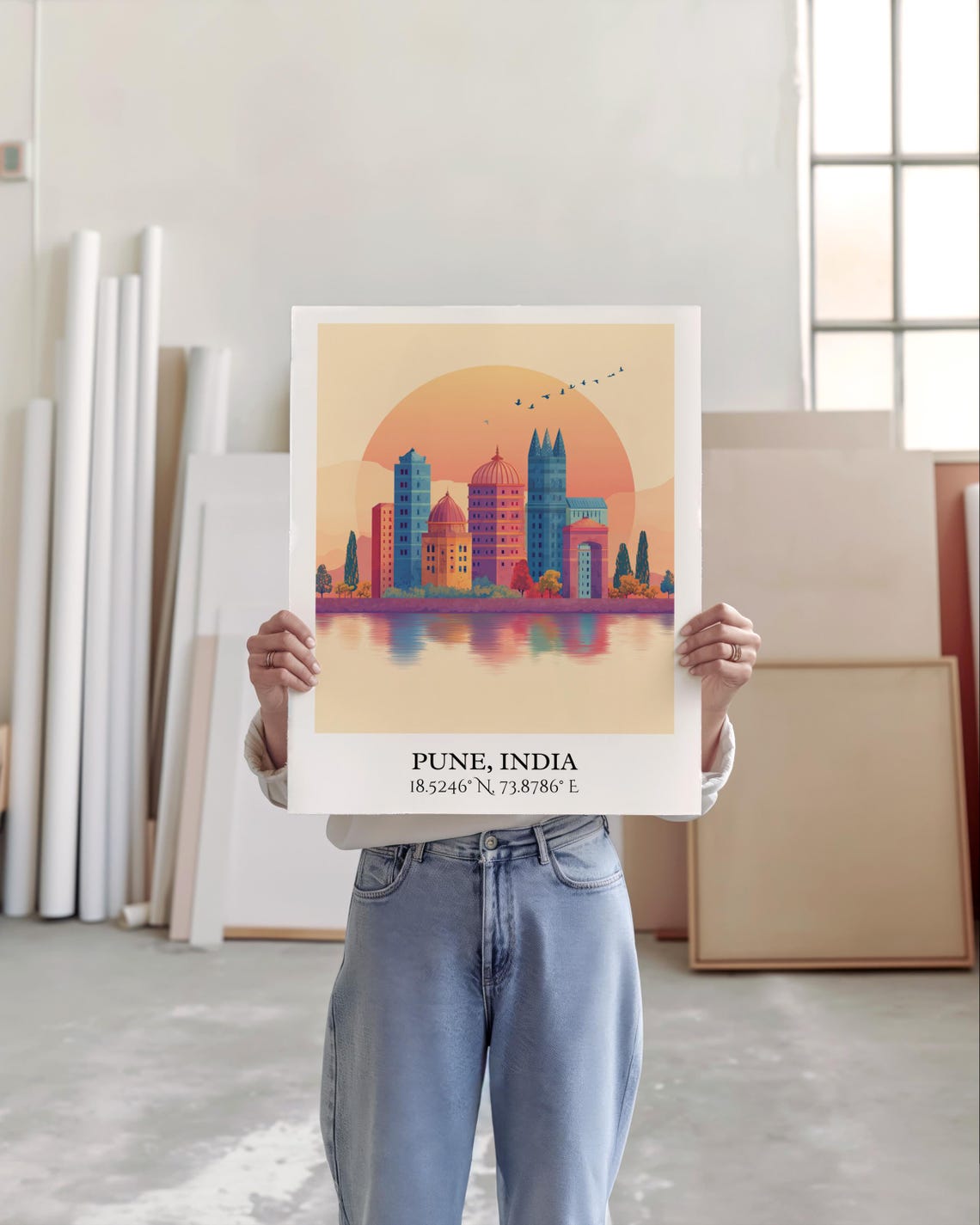 Pune India Sunset Skyline Water Reflection Colorful Travel Poster - Image 3
