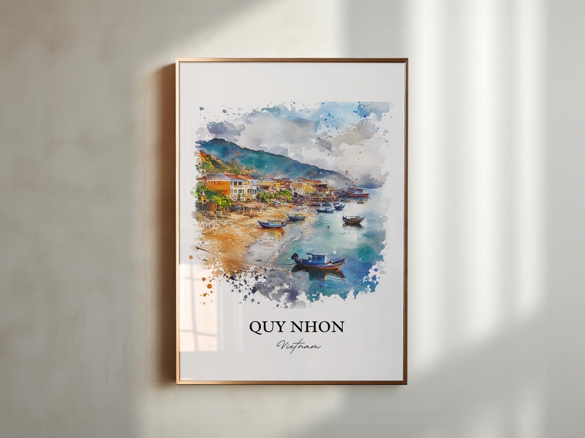 Quy Nhon Vietnam Watercolor Art Fishing Boats Sandy Beach Poster - Image 4
