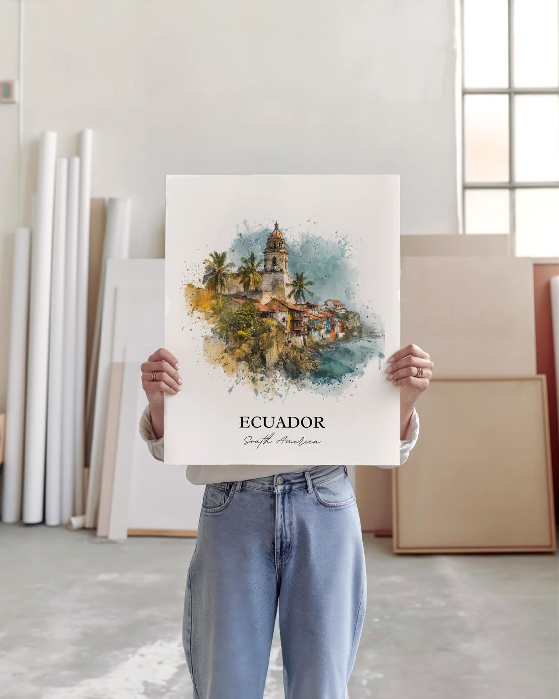 Ecuador Watercolor Coastal Village Hilltop Church Travel Poster - Image 3