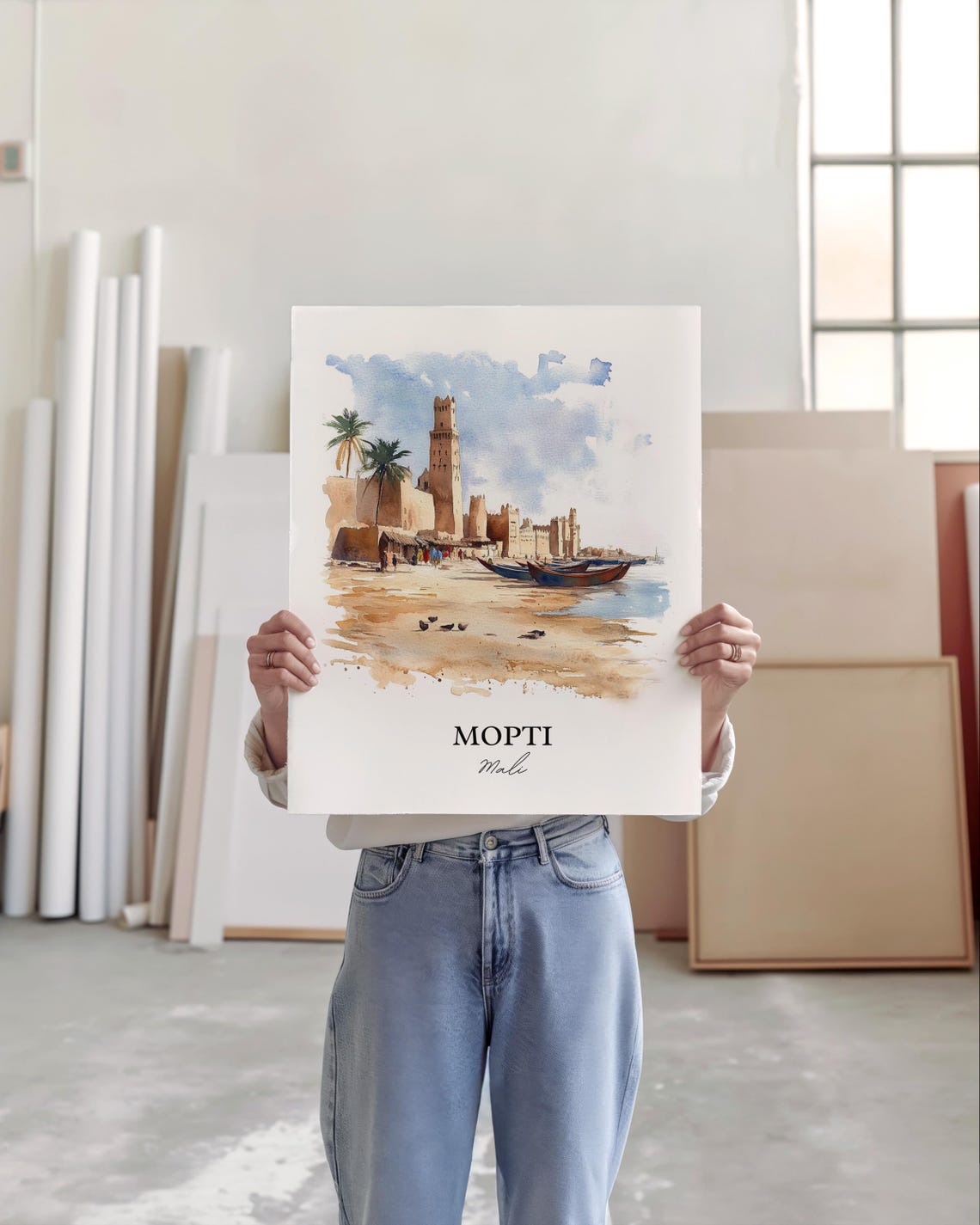 Mopti Mali Riverside Mosque Boats Watercolor Scene Art Poster - Image 4