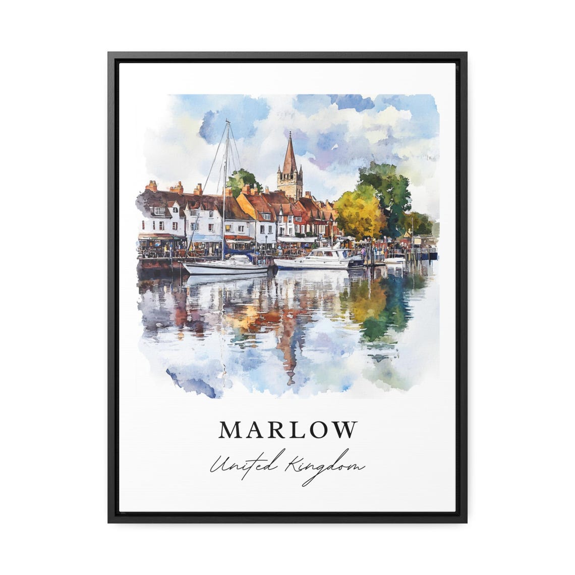 Marlow United Kingdom Watercolor Harbour Sailboats Town Poster - Image 2