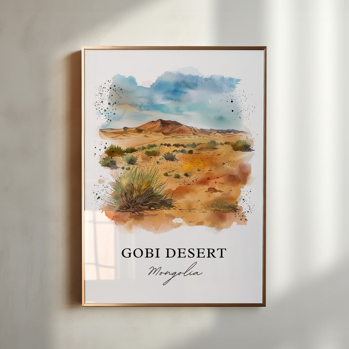 Gobi Desert Mongolia Dunes Steppe Watercolor Landscape Travel Poster