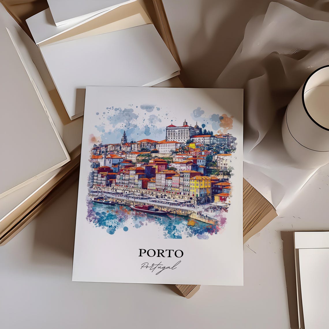 Porto Portugal Colorful Riverside Old Town Watercolor Travel Poster - Image 2