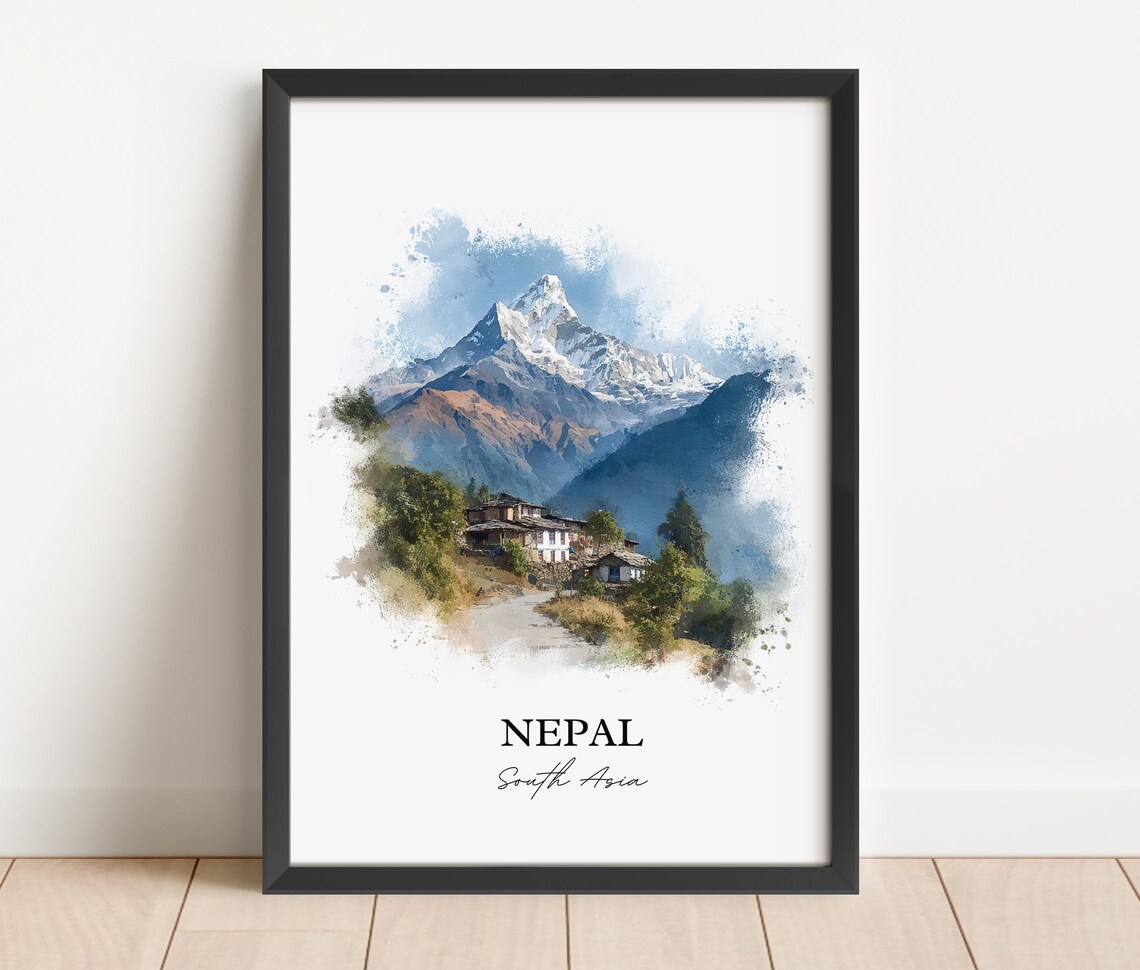 Nepal South Asia Himalayan Peak Mountain Village Watercolor Poster - Image 2