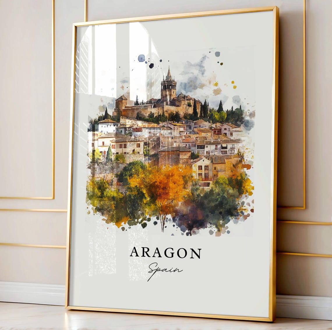 Aragon Spain Historic Hilltop Castle Town Watercolor Travel Poster - Image 3