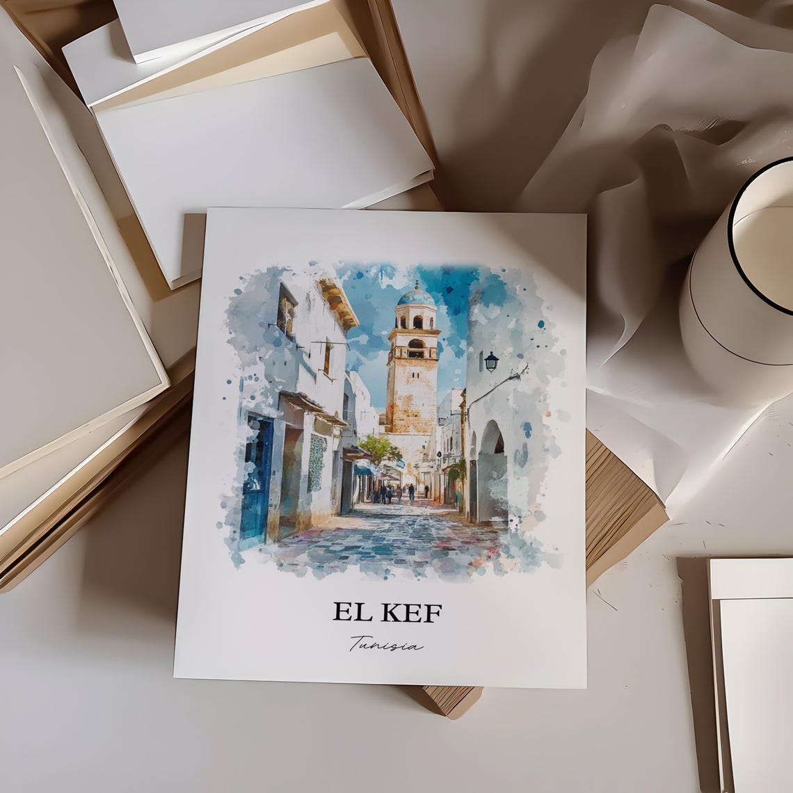El Kef Tunisia Old Medina Tower Street Watercolor Travel Poster - Image 3