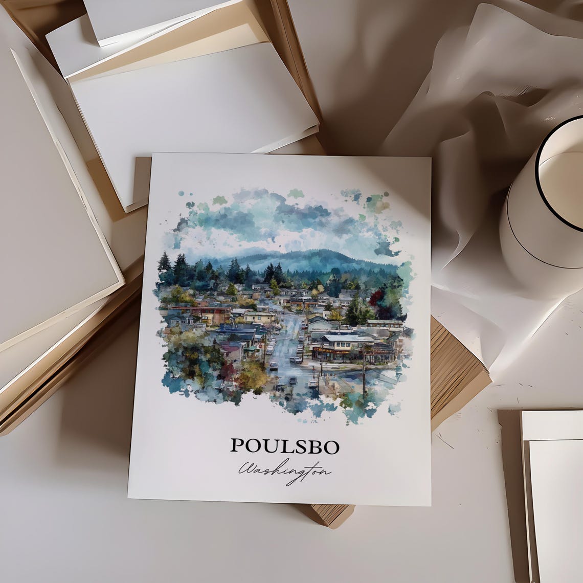 Poulsbo Washington Evergreen Town Aerial Watercolor Travel Poster - Image 3