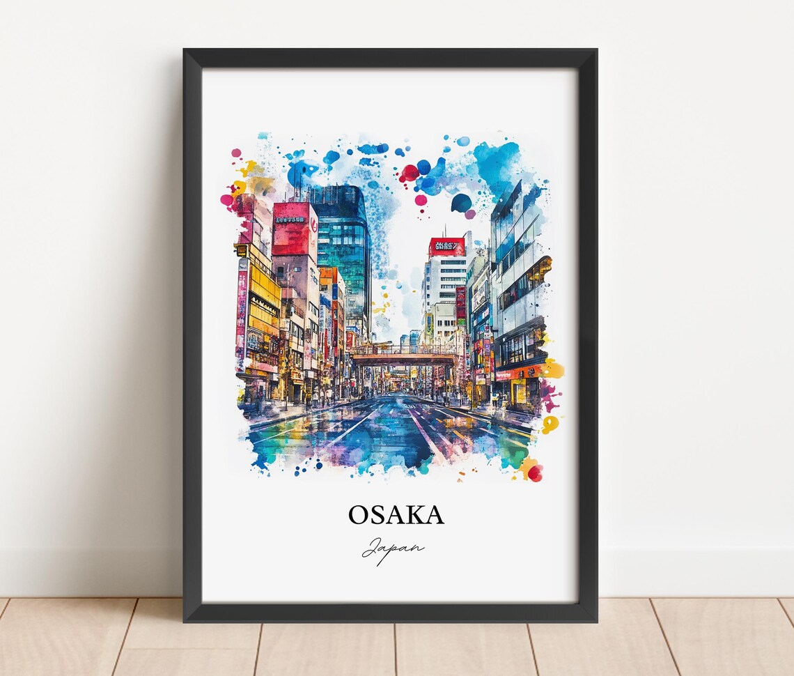 Osaka Japan Watercolor Neon City Street Nightlife Scene Poster - Image 3