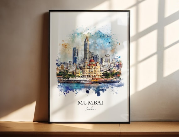 Mumbai India Watercolor Skyline Colonial Towers Bay Art Poster